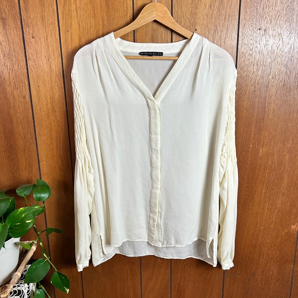 Antonio‎ Melani 100% Silk Smocked Sleeve V Neck Blouse Top Womens Medium